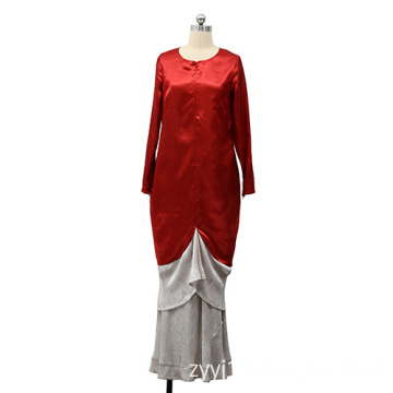 Red and White Round Neck Muslim Dress Suit Lady